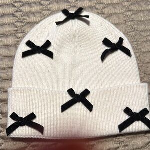 White Knit Beanie with Black Bows